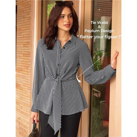 Peplum Tops Tie Front Striped Blouse Black - Picture 2 of 6